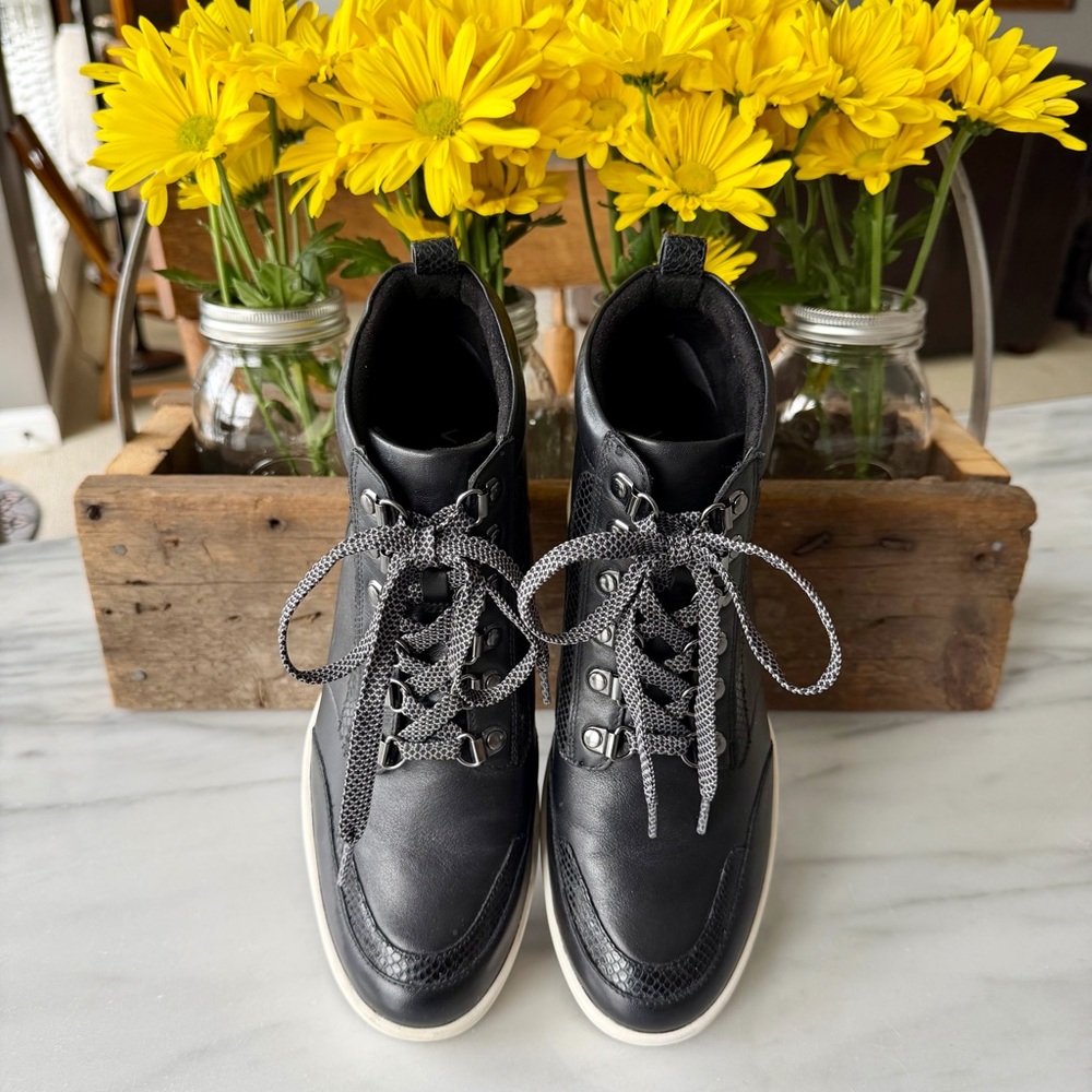 Vionic•Size 8.5•Jordy Black Leather Booties•High Top Styling~Walks like a Wedge! - Picture 5 of 14